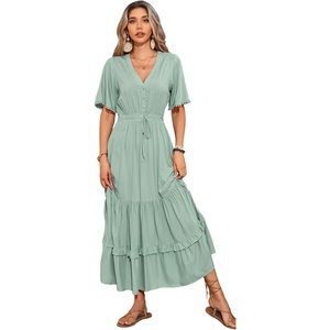 image:imageRVivimos Womens Summer V Neck Floral Print Boho Midi DressSagegreen