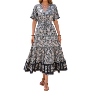 image:imageRVivimos Womens Summer V Neck Floral Print Boho Midi DressSmoke Black