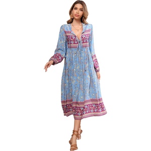 image:imageRVivimos Womens Long Sleeve Floral V Neck Bohemian Midi DressCyanblue2
