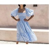 image:imageRVivimos Womens Puff Sleeve Bow OffShoulder Midi DressPlaidblue