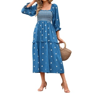 image:imageRVivimos Womens Cotton Floral Embroidered Boho Midi Dress with PocketsDarkblue