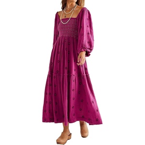 image:imageRVivimos Womens Cotton Floral Embroidered Boho Midi Dress with PocketsFuchsia