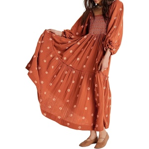 image:imageRVivimos Womens Cotton Floral Embroidered Boho Midi Dress with PocketsRustbrown
