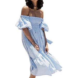image:imageRVivimos Womens Puff Sleeve Bow OffShoulder Midi DressPlaidblue