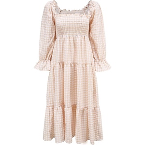 image:imageRVivimos Womens Puff Sleeve Bow OffShoulder Midi DressPlaidkhaki