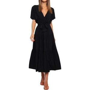 image:imageRVivimos Womens Summer Casual Ruffle ALine Midi DressBlackshortsleeve