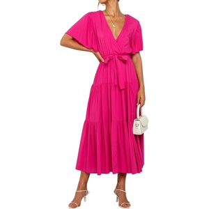 image:imageRVivimos Womens Summer Casual Ruffle ALine Midi DressHotpinkshortsleeve