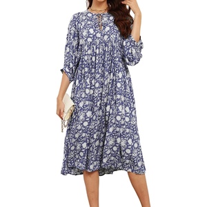 image:imageRVivimos Womens Summer Casual Tie V Neck Floral Midi DressDarkblue