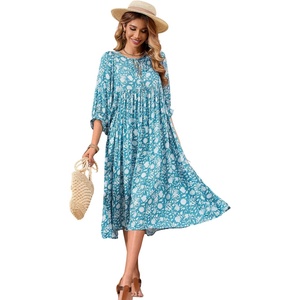 image:imageRVivimos Womens Summer Casual Tie V Neck Floral Midi DressLightblue
