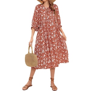image:imageRVivimos Womens Summer Casual Tie V Neck Floral Midi DressOrange