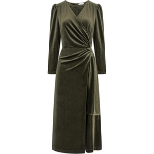 image:imageRVivimos Womens Velvet V Neck Wrap Dress Fall Winter Long Sleeve Waist Ruched Elastic Elegant Midi DressArmy Green