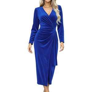 image:imageRVivimos Womens Velvet V Neck Wrap Dress Fall Winter Long Sleeve Waist Ruched Elastic Elegant Midi DressRoyal Blue
