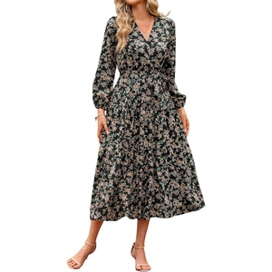 image:imageRVivimos Womens Fall Casual V Neck ALine Flowy Midi DressBlackfloral
