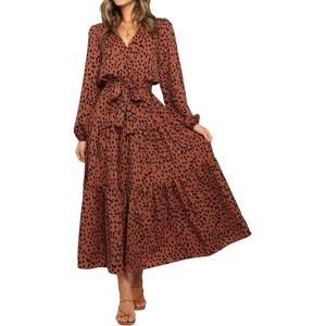image:imageRVivimos Womens Fall Casual V Neck ALine Flowy Midi DressBrown