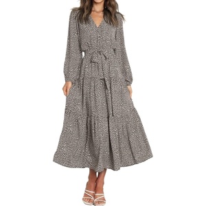 image:imageRVivimos Womens Fall Casual V Neck ALine Flowy Midi DressBrown2
