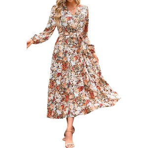 image:imageRVivimos Womens Fall Casual V Neck ALine Flowy Midi DressMultiyellow