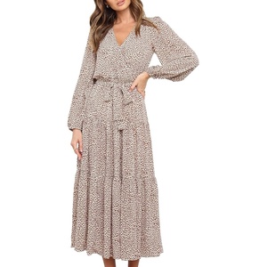 image:imageRVivimos Womens Fall Casual V Neck ALine Flowy Midi DressWhitebrown2