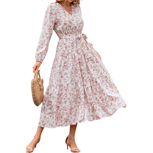 image:imageRVivimos Womens Fall Casual V Neck ALine Flowy Midi DressWhitepinkfloral
