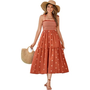 image:imageRVivimos Womens Floral Embroidered Spaghetti Strap DressRust Brown