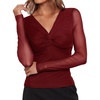 image:imageRVivimos Womens Mesh Going Out Tops Fitted Long Sleeve BlouseWine Red