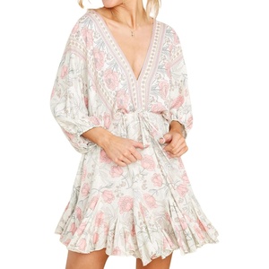 image:imageRVivimos Womens 34 Sleeve Floral Print Swing Mini DressBeige