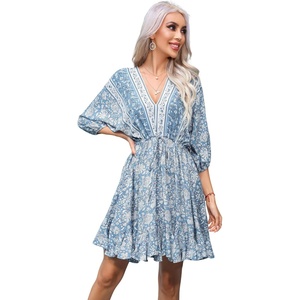 image:imageRVivimos Womens 34 Sleeve Floral Print Swing Mini DressLightblue