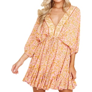 image:imageRVivimos Womens 34 Sleeve Floral Print Swing Mini DressPinkgold