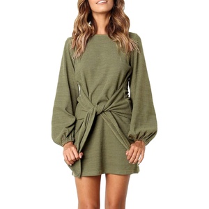 image:imageRVivimos Womens Fall Elegant Tie Waist Sweater Mini DressArmy Green