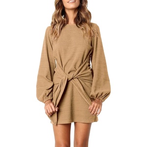image:imageRVivimos Womens Fall Elegant Tie Waist Sweater Mini DressKhaki