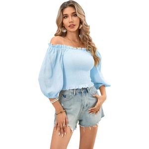 image:imageRVivimos Womens Summer Cotton Off the Shoulder Crop TopsSkyblue