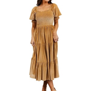 image:imageRVivimos Womens Velvet Square Neck Smocked Midi Dress FallGold